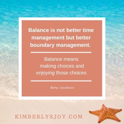 Beach background photo with quote by Betsy Jacobson about boundaries and balance.